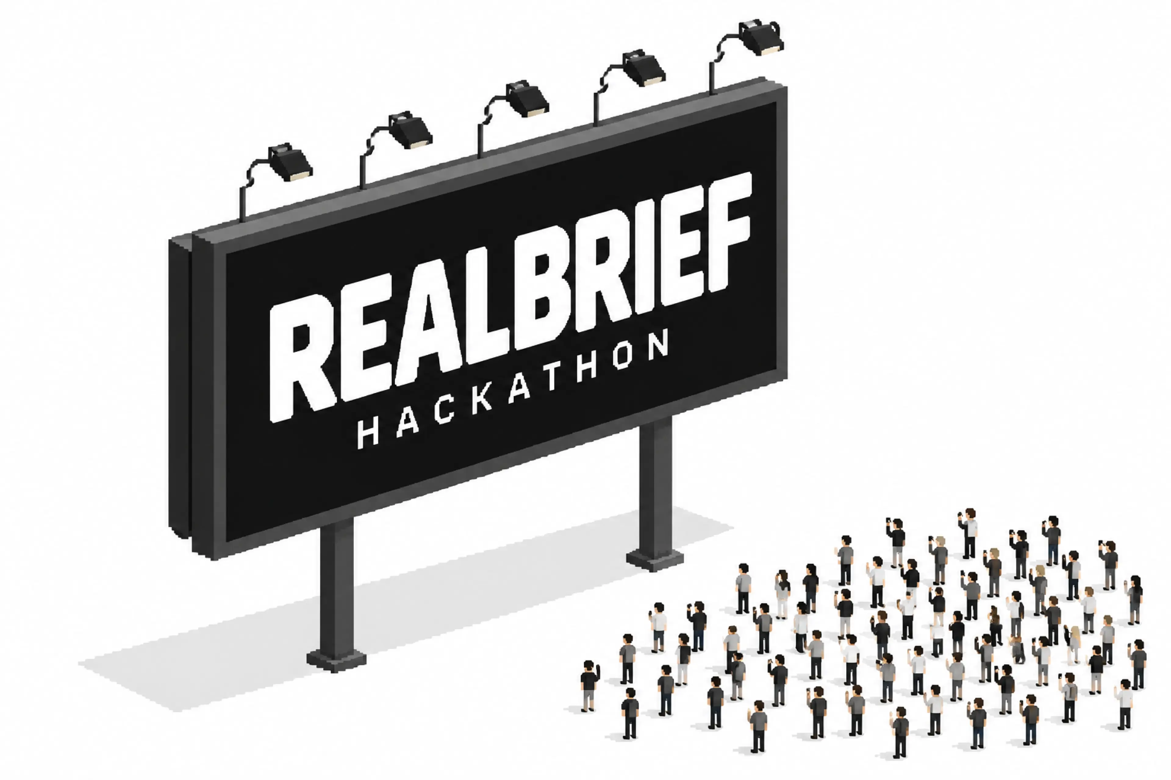 巨型 REALBRIEF HACKATHON 广告牌前聚集着来自不同方向的参与者